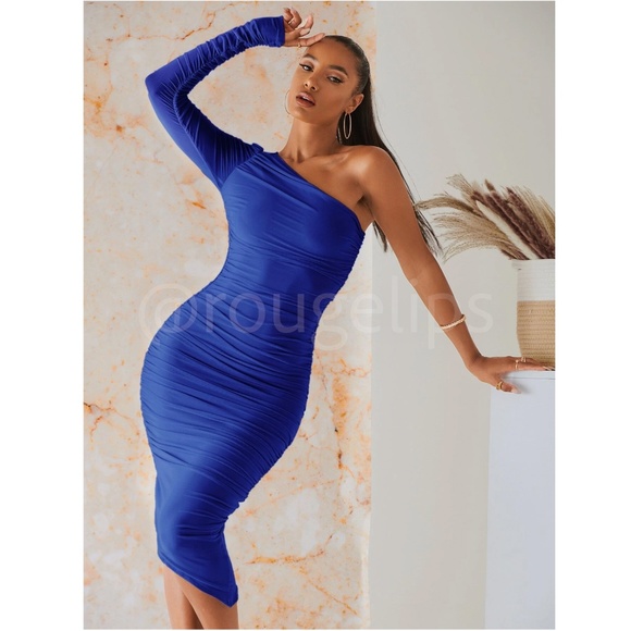 Blue Mesh Ruched One Shoulder Asymmetrical Dress Long Sleeve Bodycon - Picture 2 of 6